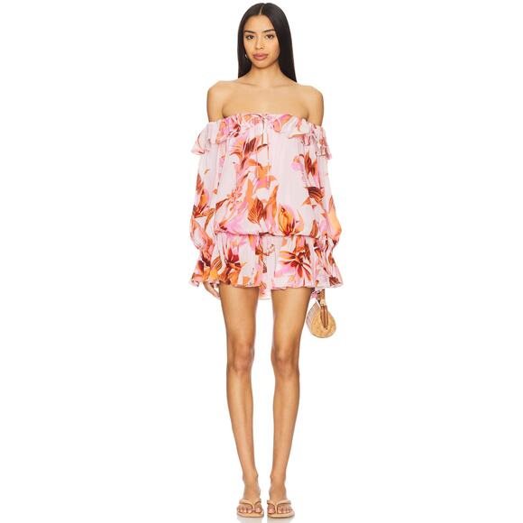 ROCOCO SAND Off Shoulder Mini Dress in Black Multi Fob - Picture 1 of 8